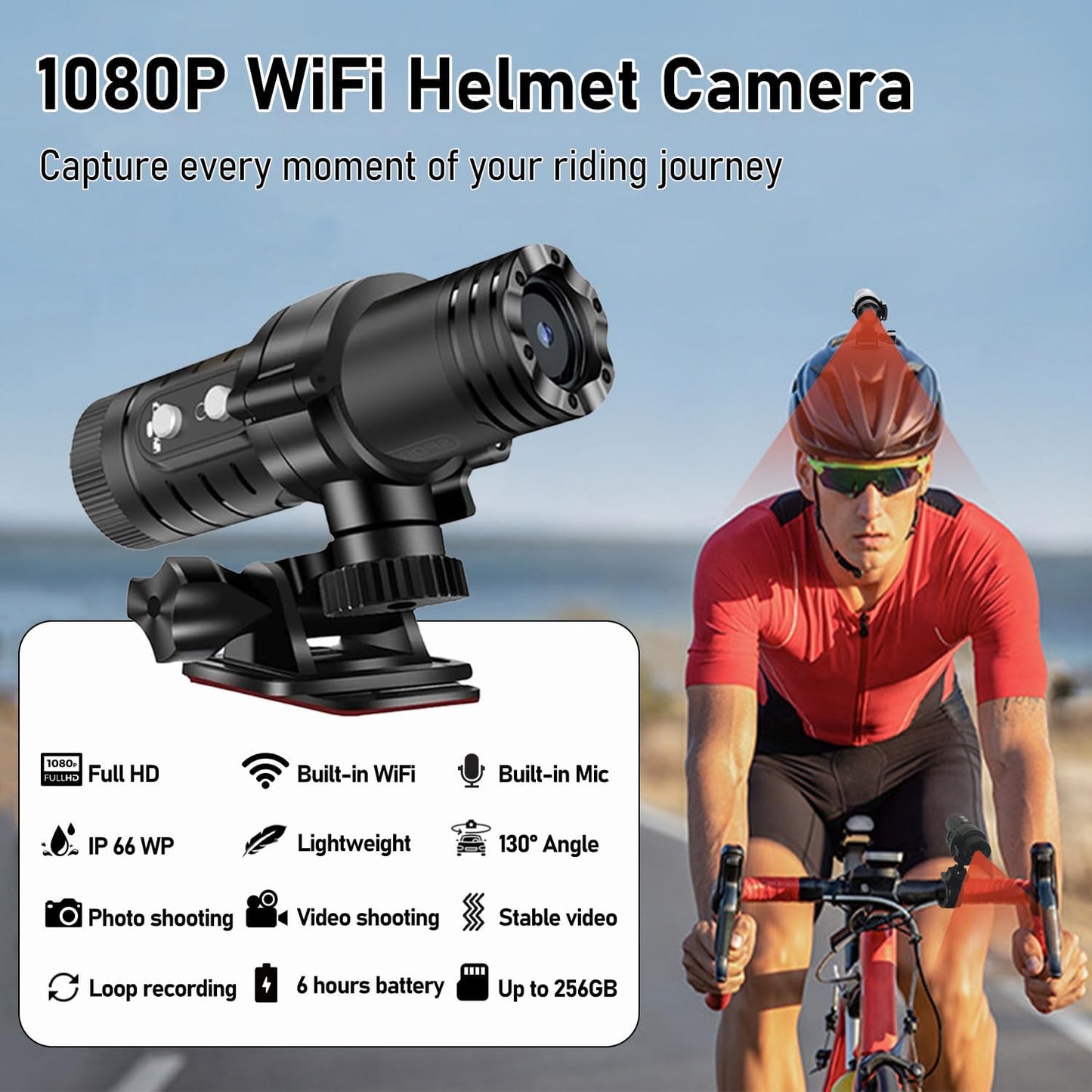 WiFi Helmet Camera, HD 1080P Bike Motorcycle Helmet Camera, IP66 Waterproof Action Camera for Cars, Bicycle, Motorbike & Sports Helmet (with 64G Card)