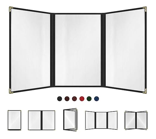 Goodsmart Restaurant Menu Covers – 25 Pack Black 6-View Trifold 8.5" x 14", Side-Loading Vinyl & Plastic Menu Holders, Clear Menu Sleeves, Leather-Style Café Covers with Gold Corners