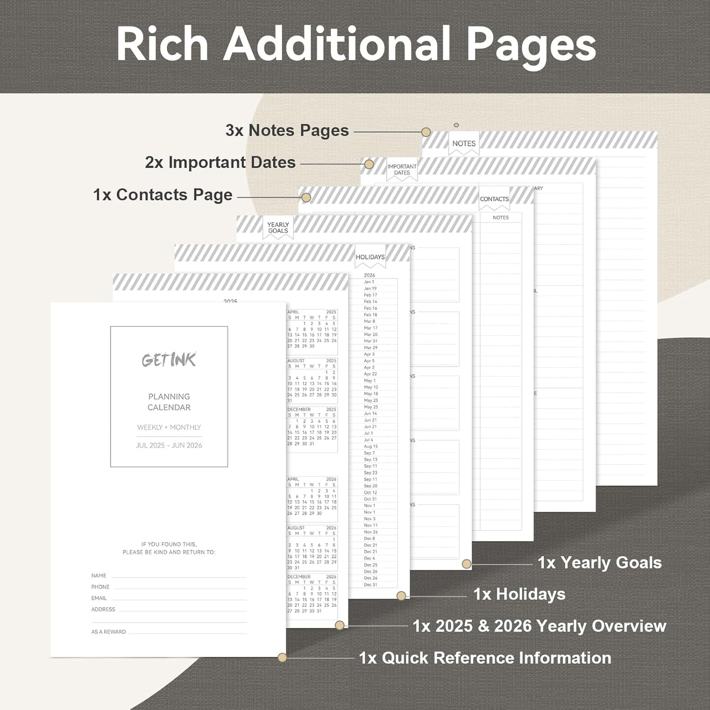 Getink Linen Cover 2025-2026 Planner Weekly & Monthly Daily Agenda Book,2025-2026 To Do List Notebook with Colorful Monthly Tabs, Inner Pocket, Elastic Closure (Black, 7.3 * 10)