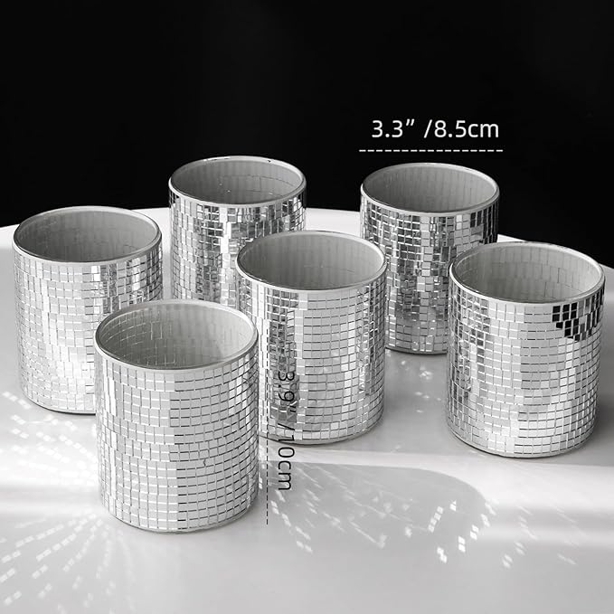 WDHODEC 6 Pcs Disco Vases Bulk Silver Mirror Disco Ball Flower Vase Glass Candle Holder for Wedding Table Centerpieces Decoration 4"