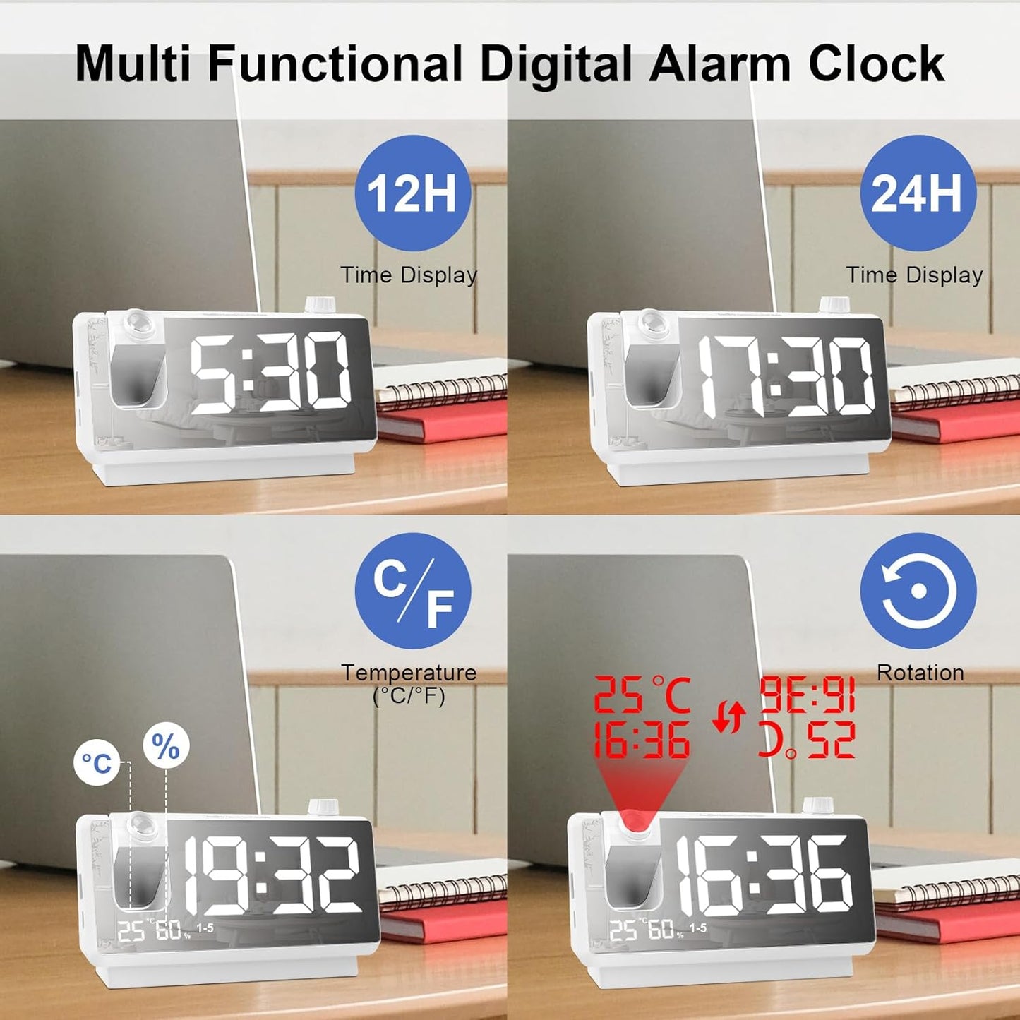 GuDoQi Projection Alarm Clock for Bedroom, Digital Clock with 180° Projector, 7" Large LED Display, Dual Alarms, Temperature&Humidity Display, Dual USB Port, 12/24H, Snooze, for Heavy Sleepers, White