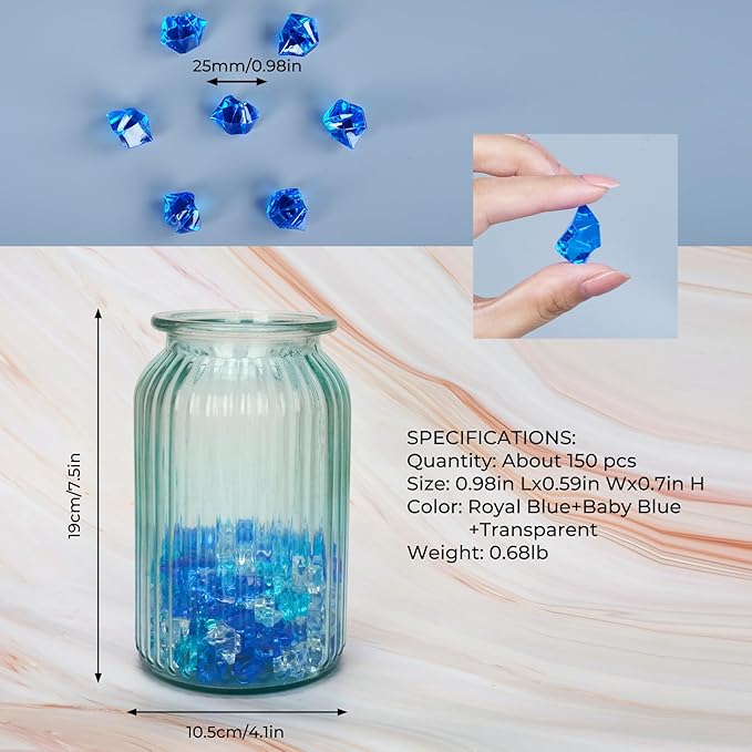 Acrylic Crushed Ice Rocks, Babenest 150 PCS Fake Crystals Plastic Ice Cubes Diamonds Gems for Vase Fillers, Home Decoration, Table Scatter, Event, Wedding, Arts & Crafts (Clear/Rpyal Blue/Baby Blue)