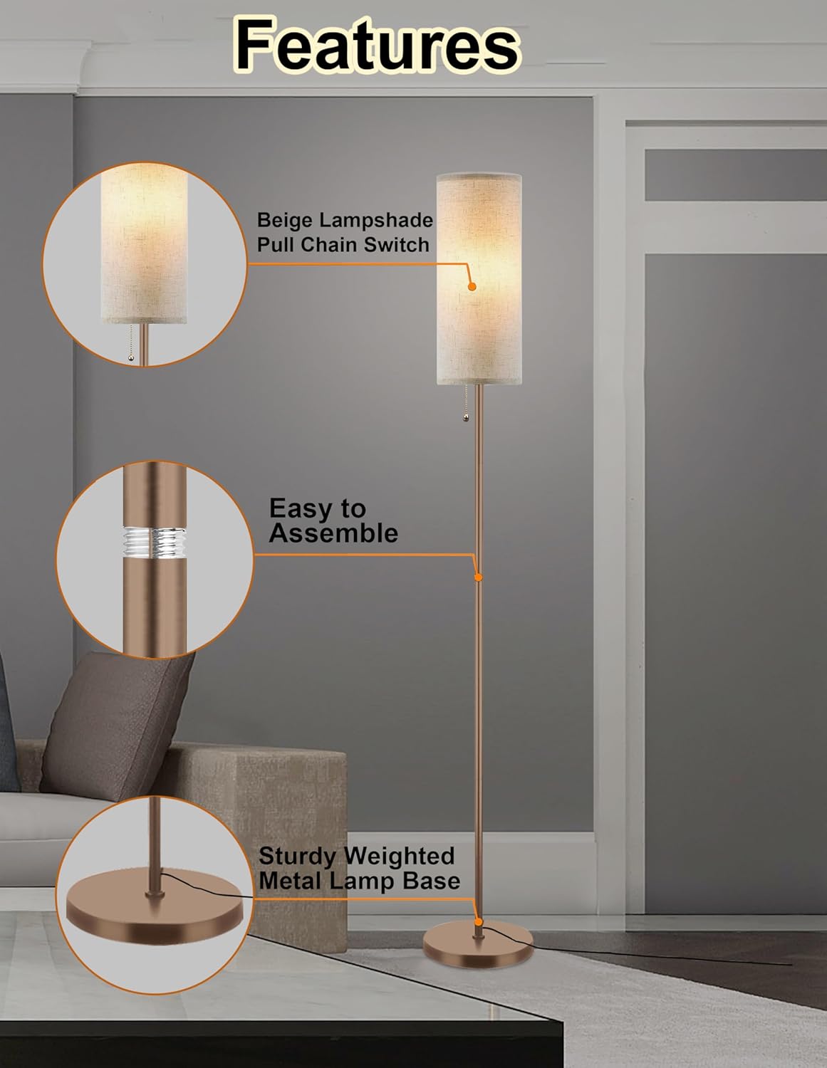 Floor Lamp for Living Room, Modern Standing Lamps with Lampshade, Minimalist Tall Lamp with Chain Switch for Living Room, LED Bulb Included (Beige+Brown)