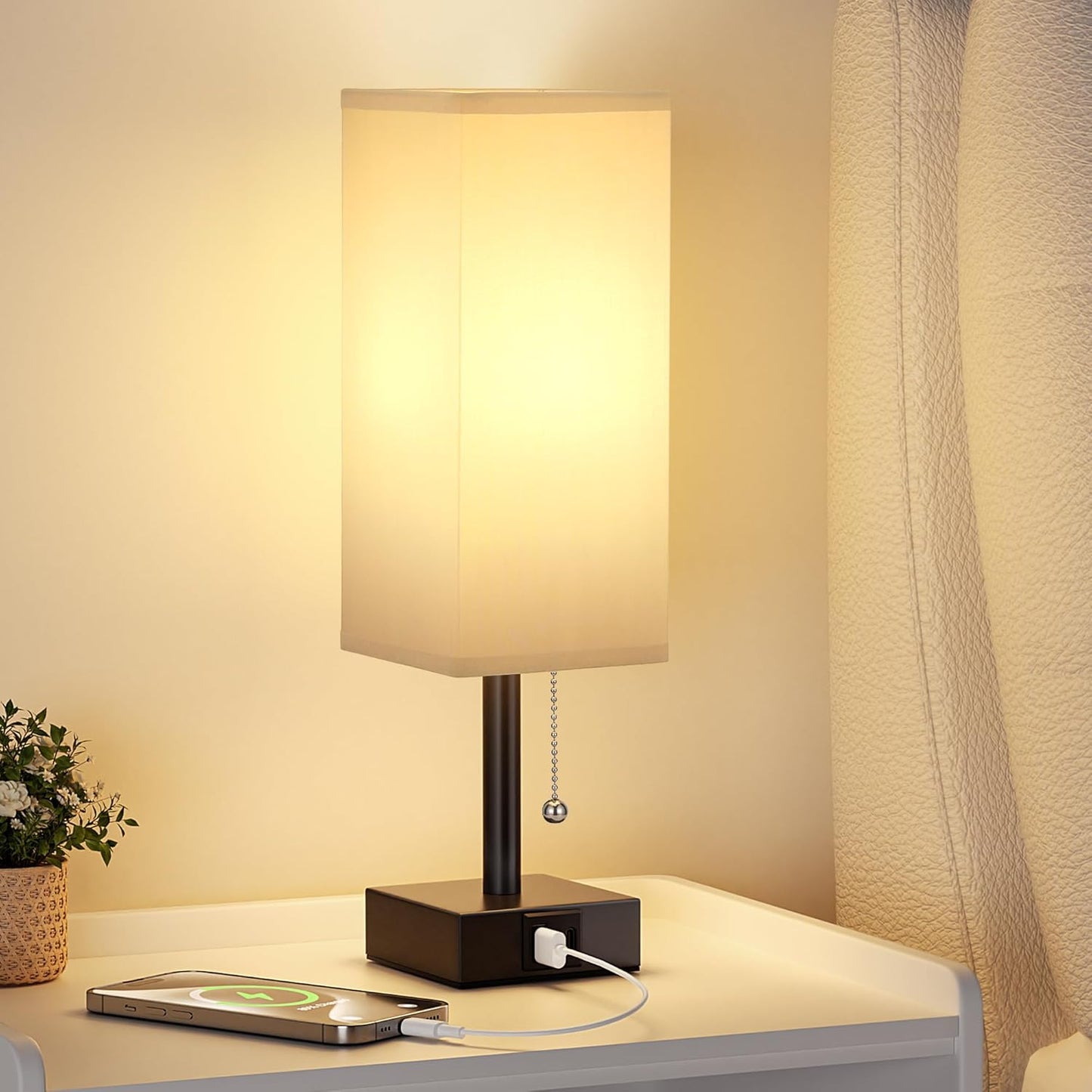 Gray Small Bedroom Lamp - 3 Color Temperature 3000K 5000K 4000K Bedside Lamp, Pull Chain Control, USB A and C Charging Ports, Black Base, for Kids Office Dorm, Bulb Included