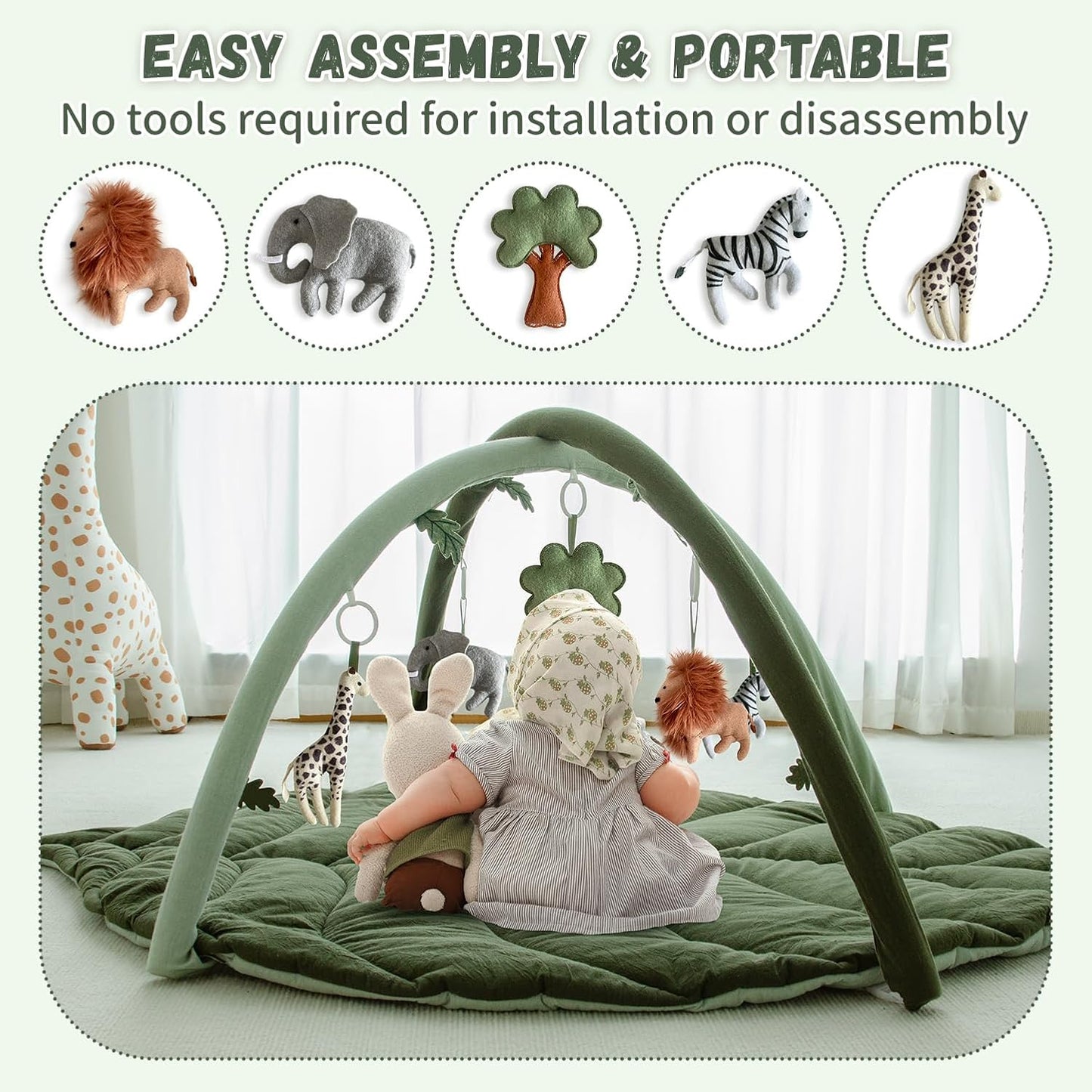 Baby Play Gym with Mat Leaf Shaped, Baby Play Mat with 6 Hanging Toys Tummy Time Mat, Baby Gym Activity Center, Washable (Green)