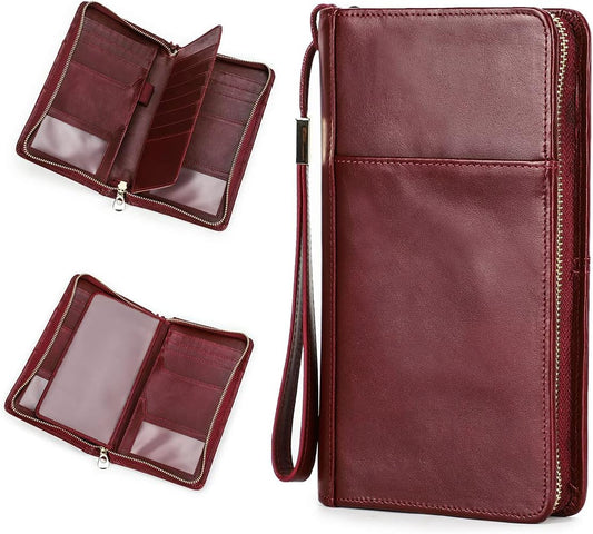 CONTACTS Travel Passport Wallet for 4 Women Leather Passport Holder RFID Blocking Card Organizer Large Capacity Wristlet Clutch Purse Red with 13 Card Slot