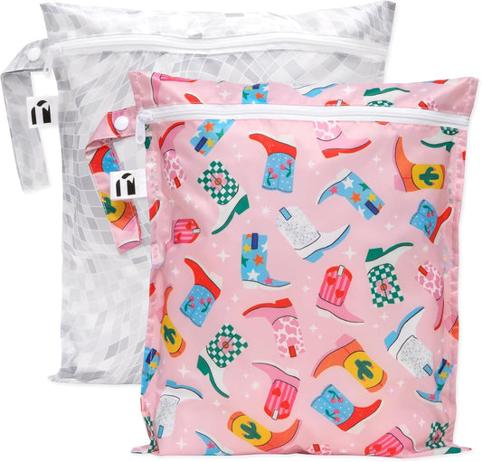 Bumkins Roamio - Waterproof Wet Bag - For Baby, Travel, Swim Suit, Cloth Diapers, Pump Parts, Pool, Gym, Toiletry, Strap to Stroller - Reusable & Easy to Clean - 2pk - Cowgirl Boots & Disco