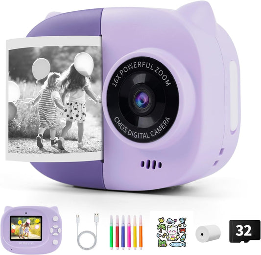 Portable Instant Camera for Kids Print Photos Travel Digital 1080P Video Camera for Toddlers 3 4 5 6 7 8 Year Old Girls Holiday Christmas Birthday Gifts (Purple)