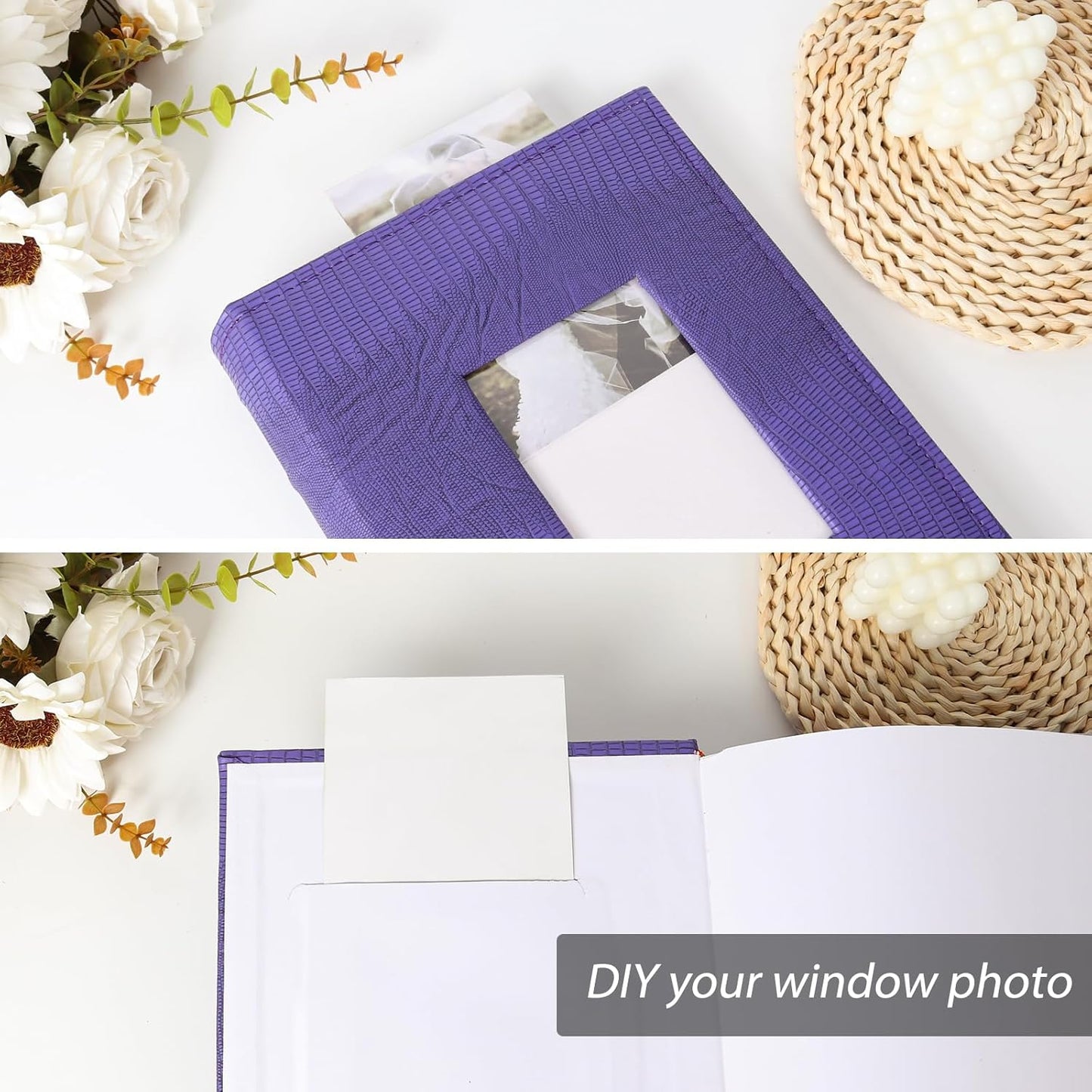 RECUTMS Photo Album Holds 300 4x6 Photos with Memo Areas, Slip in Pockets PU Leather Cover Photo Book with Front Window for Memories Couple Kids Family Pictures (Purple)