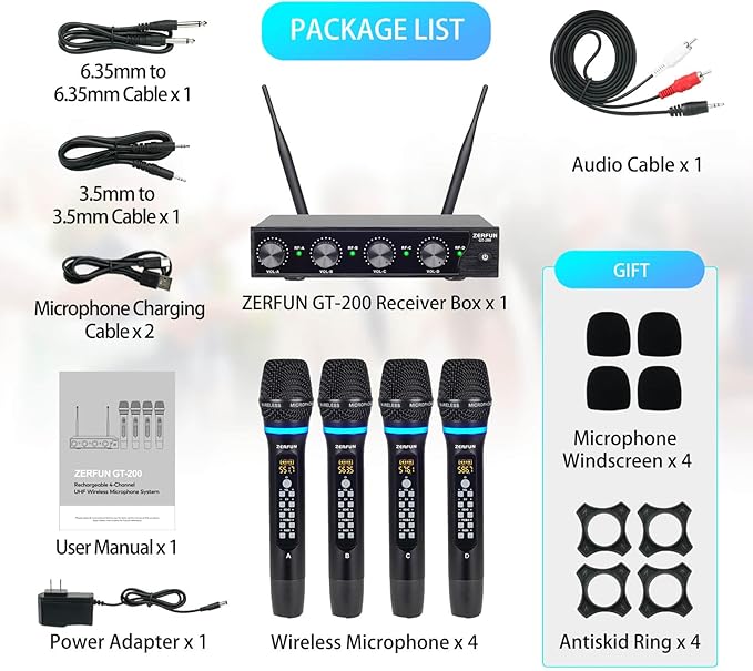4 Channel Rechargeable Wireless Microphone System, Pro UHF Metal Handheld Wireless Microphones Cordless Mics with Echo Treble BASS VOL Channel Control for Karaoke Singing Church(GT-200)