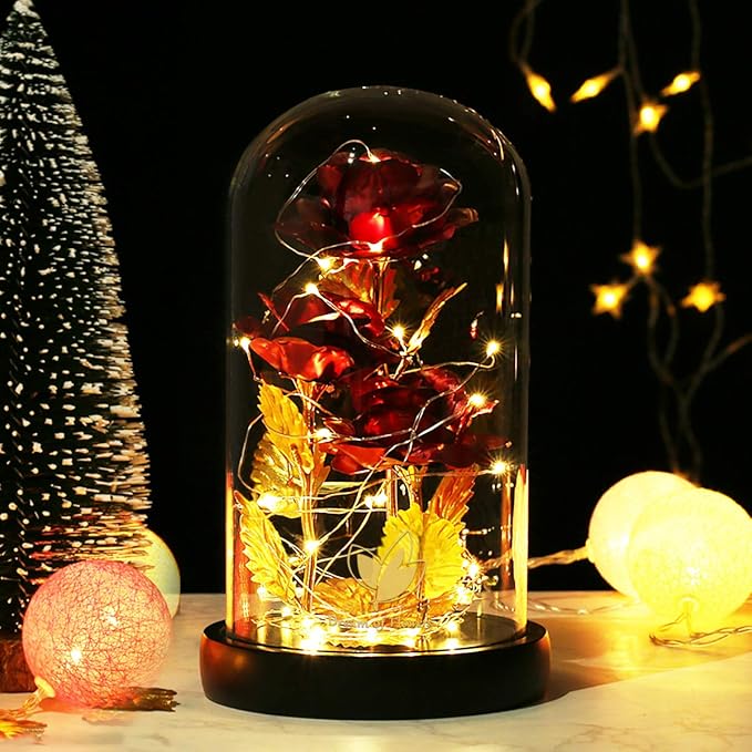 Beauty and The Beast Rose,Preserved Flowers Bouquets Gifts,Light Up Rose Flower in Glass Dome,Birthday Gifts for Women,Mom,Girlfriend Wife Anniversary,Valentines,Thanksgiving,Christmas,Wedding