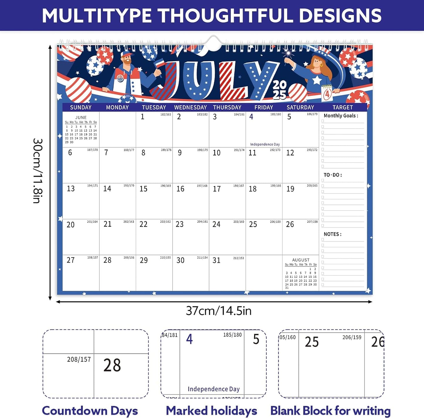 Wall Calendar 2025-2026, 18 Month Large Desk Calendar from July 2025 to December 2026 14.5" x 11.8" Monthly Calendar with Twin-Wire Binding for Home Office Planning Personal Organisers, Festival Style