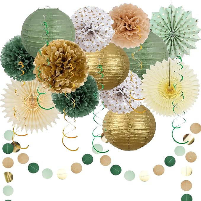 23PCS Sage Green Party Decoration,Green Paper Lanterns Fans,Pom Poms Flowers,Hanging Party Garland for Women Girls Boys Adults Birthday Party,Wedding,Baby Shower,Bridal Shower Party Decor