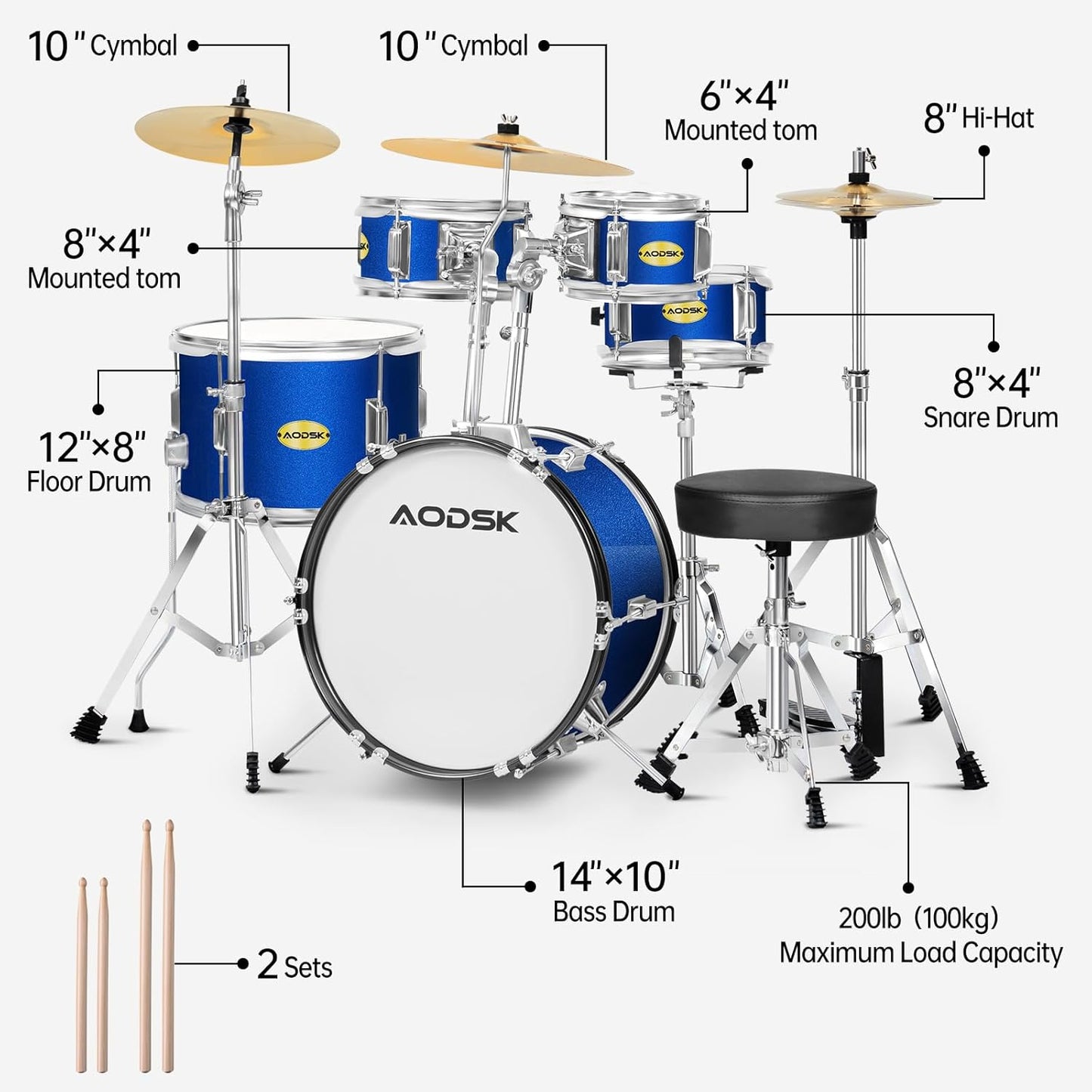 AODSK Kid Drum Sets 5-Piece for Beginners, 14 inch Full Size Complete Drum Kit with Adjustable Throne, Cymbal, Hi-Hat, Pedal & Drumstick, Black