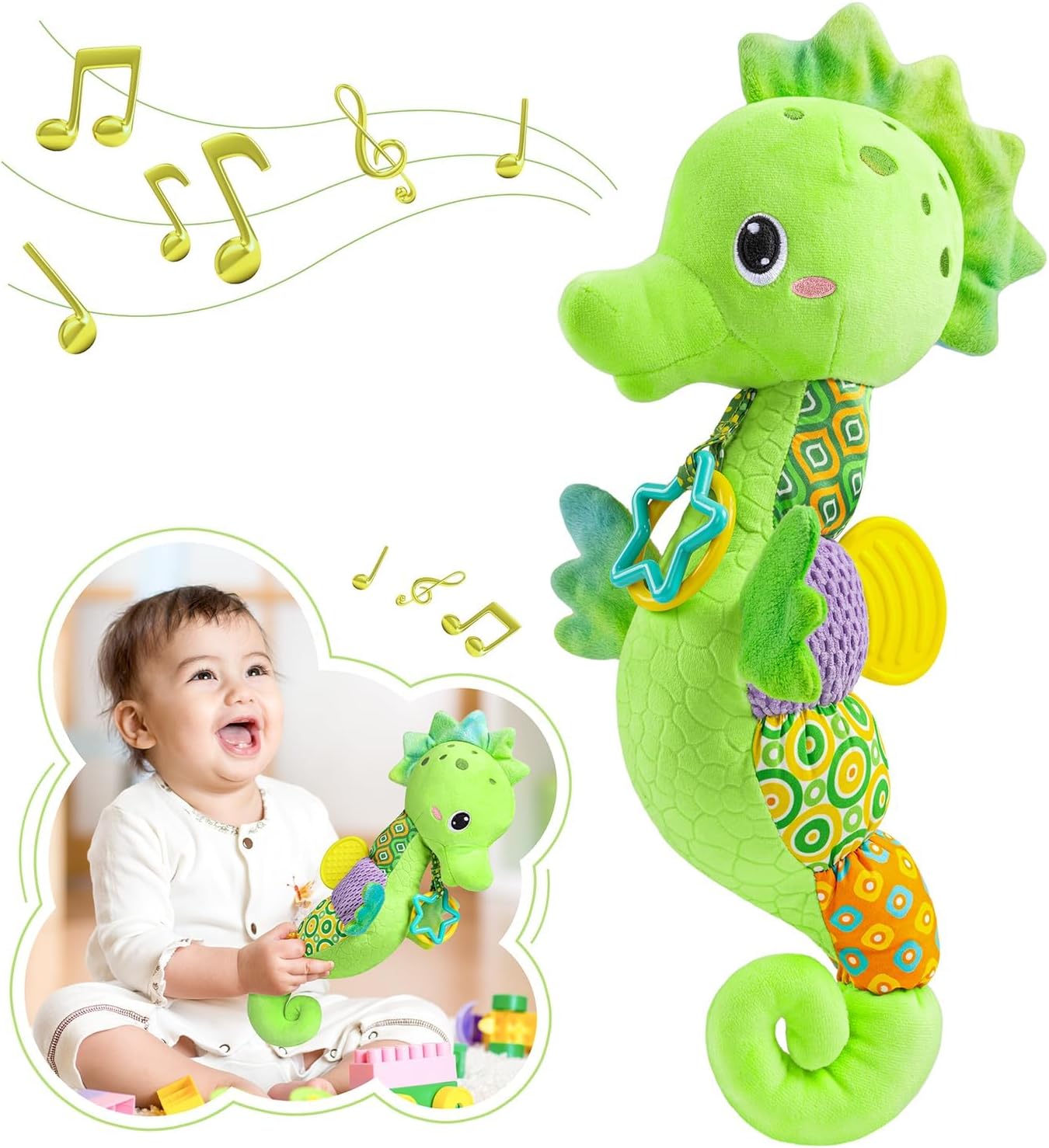 Baby Toys 0 to 12 Months, Musical Stuffed Animal Activity Soft Toys with Multi-Sensory Crinkle, Rattle and Textures, Infant Tummy Time Toys for Newborn Boys Girls, Seahorse, Green