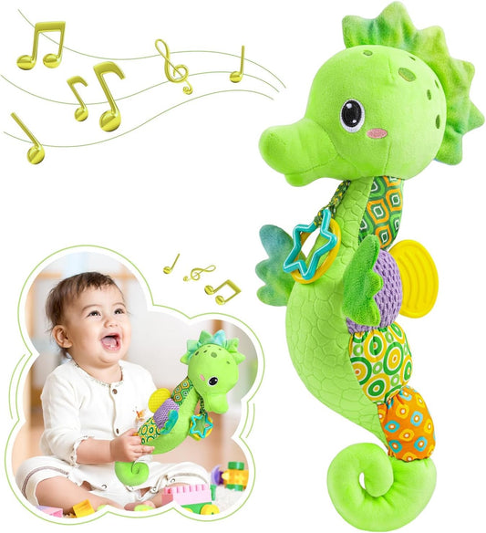 Baby Toys 0 to 12 Months, Musical Stuffed Animal Activity Soft Toys with Multi-Sensory Crinkle, Rattle and Textures, Infant Tummy Time Toys for Newborn Boys Girls, Seahorse, Green