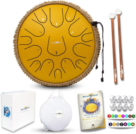The Balmy Drum - 15 Note 14 Inch Steel Tongue Drum, Steel Drum Instrument, Drums For Children and Adults, Balmy Drum Set for Kids with Music Book, Handpan, Mallet and Carry Bag (Gold)