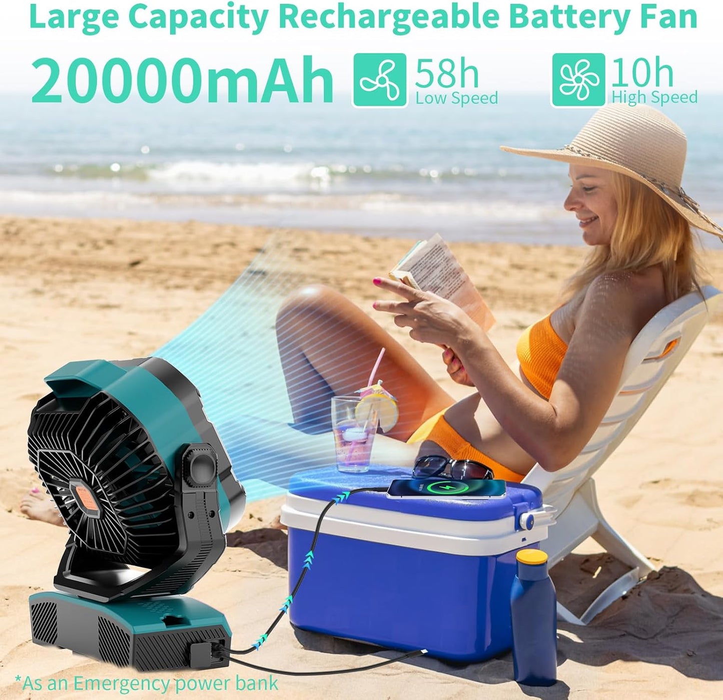 Camping Fan Portable 20000mAh Oscillating Battery Powered Fan Rechargeable Camping essentials Tent Light Hook 270° Pivot Battery Operated USB Desk X68 Cyan