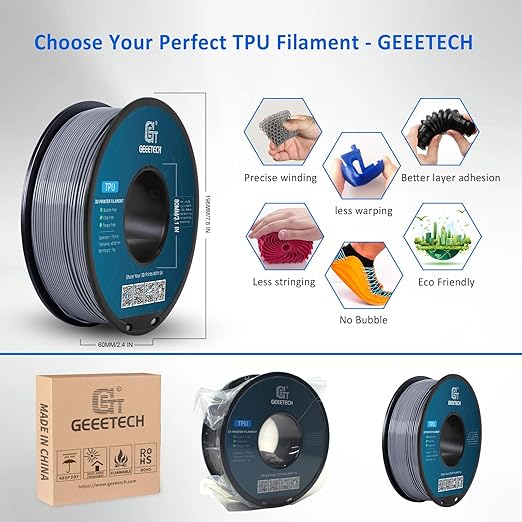 Geeetech TPU Filament 1.75mm, Shore 95A Flexible 3D Printer Filament with High Elasticity, 1KG (2.2lbs) Spool, Dimensional Accuracy ±0.03mm, Fits Most FDM Printers (Clear Silver)