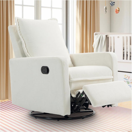 Swivel Rocking Recliner Chair for Nursery, Upholstered Glider Rocker Recliner, Swivel Reclining Chair for Nursery Living Room Bedroom, White Short Plush