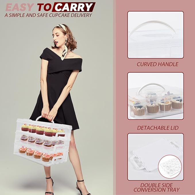 Cupcake Carrier, 3-Tiers Cupcake Containers, Holds 36 Cupcakes or 3 Large Cakes, Cupcake Holder, Cupcake Box with Lid and Handle (White, Basic)