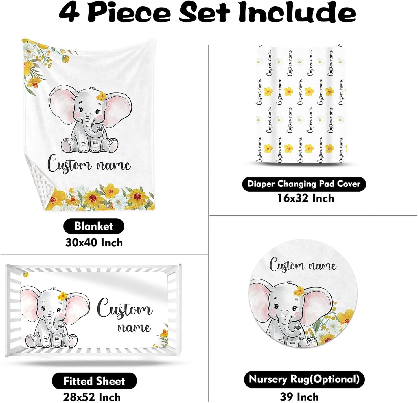 Custom Nursery Crib Bedding Set: 4 Piece Yellow Floral Elephant Design Baby Crib Sets for Girls with Personalized Name - Toddler Double Layer Blanket Set, Comfortable Crib Bed Sheets for Baby Toddlers