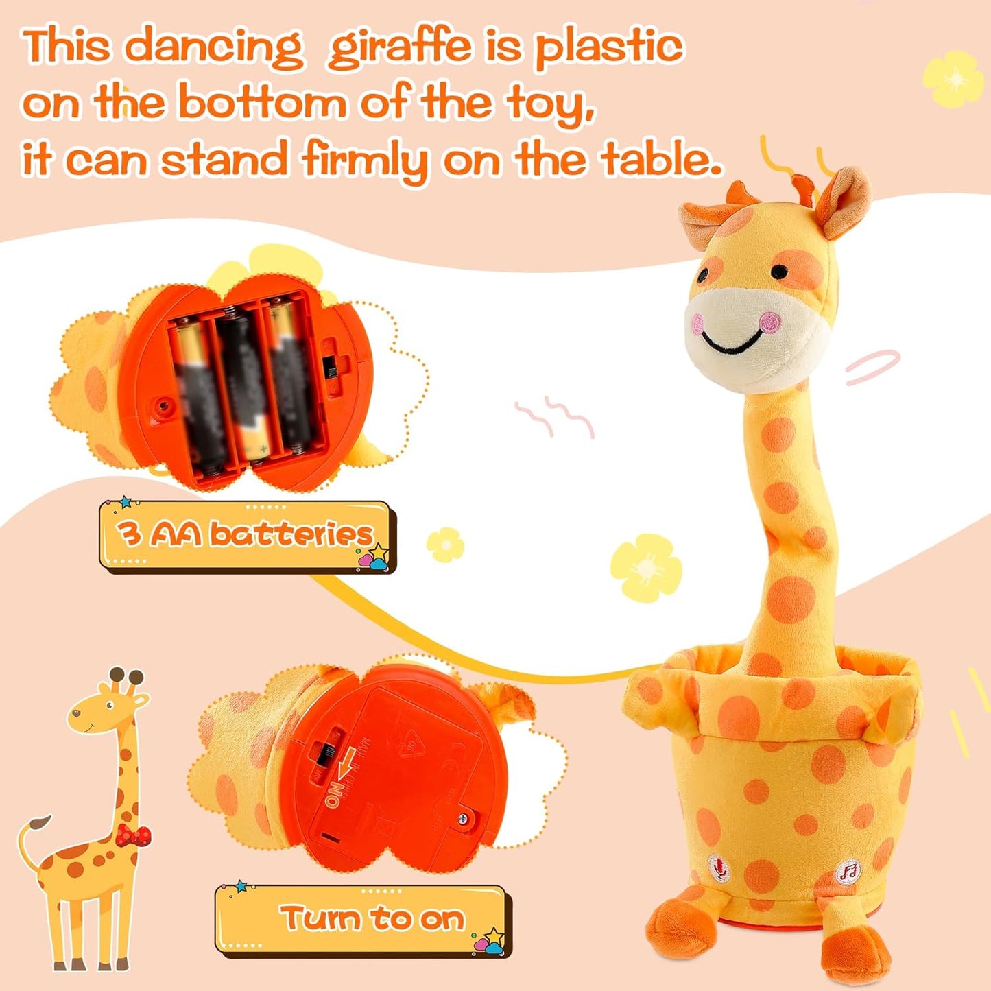 Dancing Talking Giraffe Toy, Stuffed Animal Baby Toy Repeating What You Say, Glowing Musical Electronic Giraffe Gifts for Toddlers 1-3 Years Old (Smiling Giraffe)