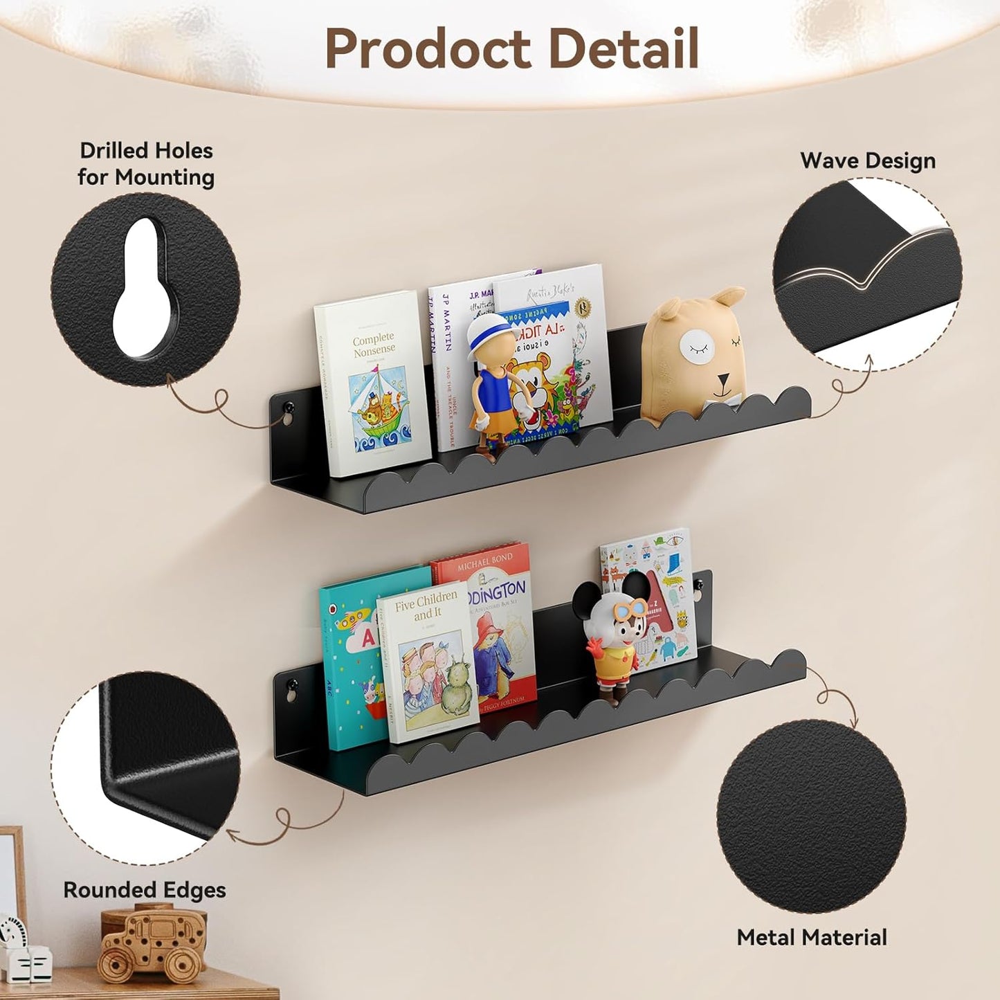 Nursery Book Shelves, 17 Inch Black Metal Floating Shelves for Wall 4 Pack, Wall Mounted Book Shelf for Kids Room, Bedroom, Bathroom, Playroom Decor