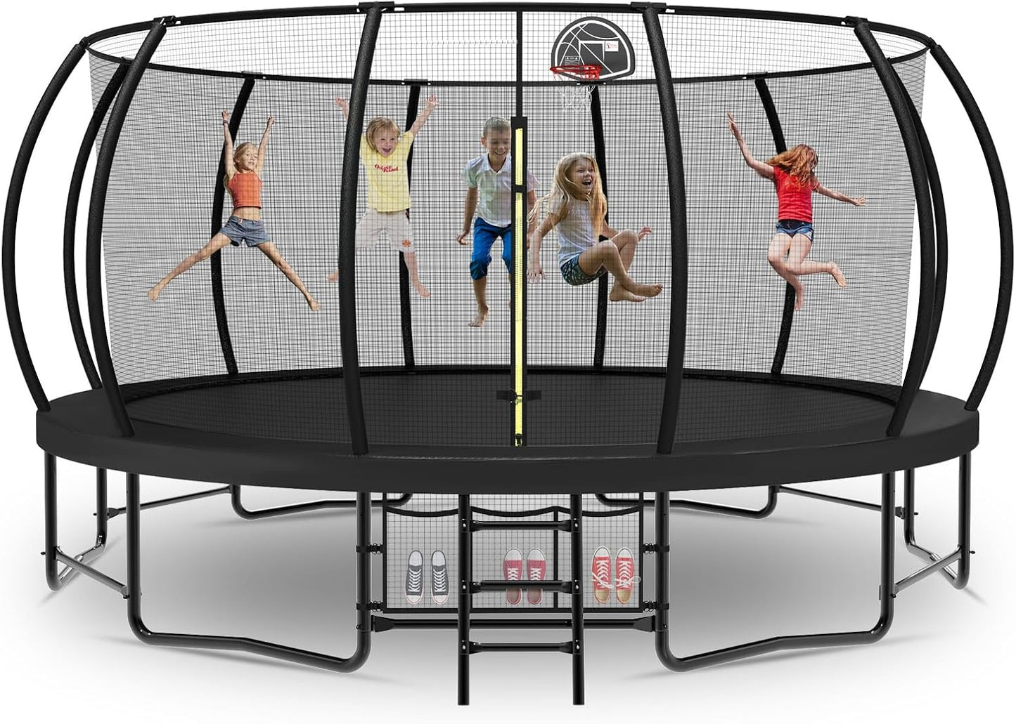 Tatub Large Trampolines Outdoor 10 12 14 15 16FT for Kids and Adults,Outdoor Recreational Pumpkin Trampolines with Curved Poles and Safety Enclosure Net, Basketball Hoop, Ladder