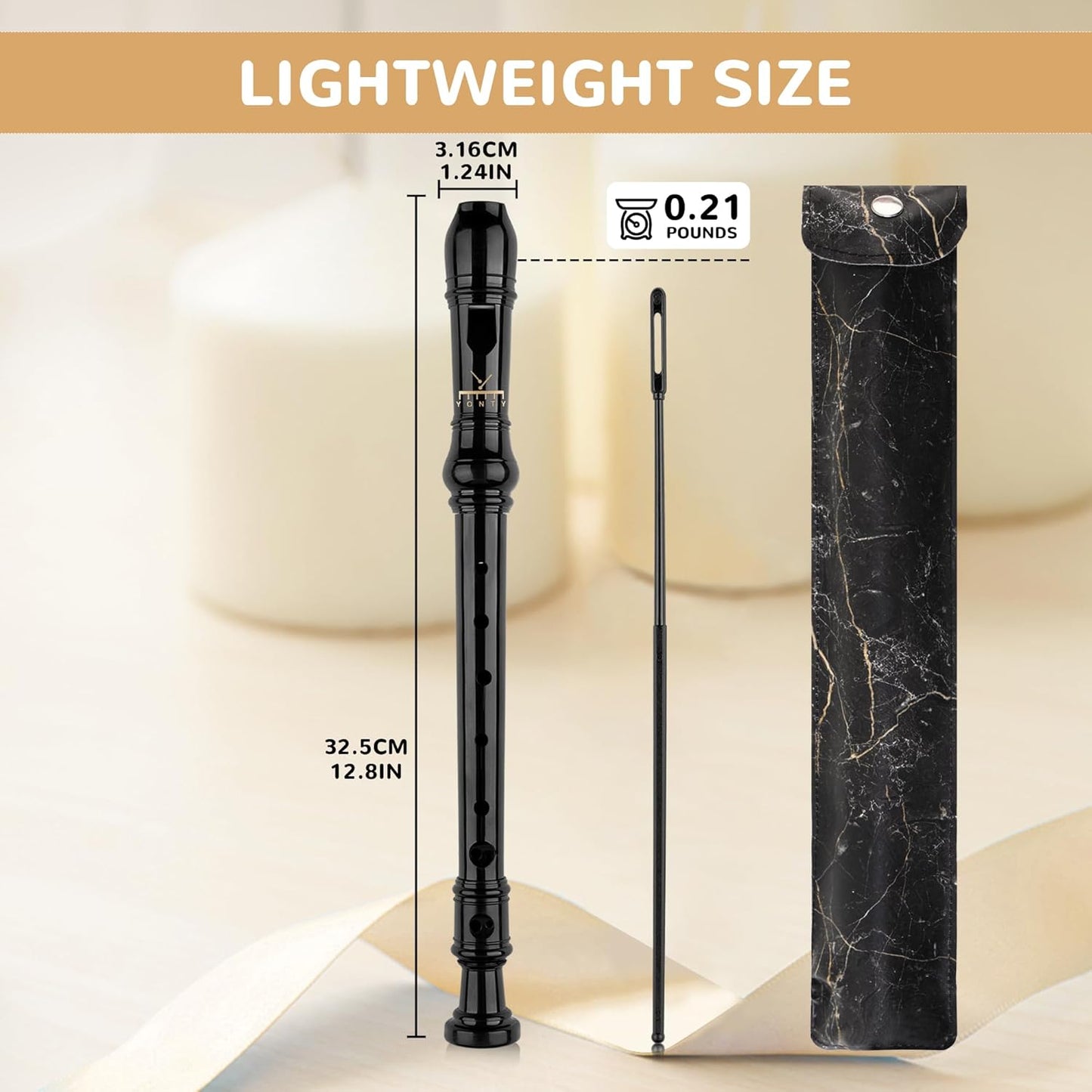 Soprano Recorder 8-Hole Instrument for Beginners Kids Students, Baroque Style C Key Flute with Cleaning Rod & acking Bag for Education & Entertainment-Obsidian