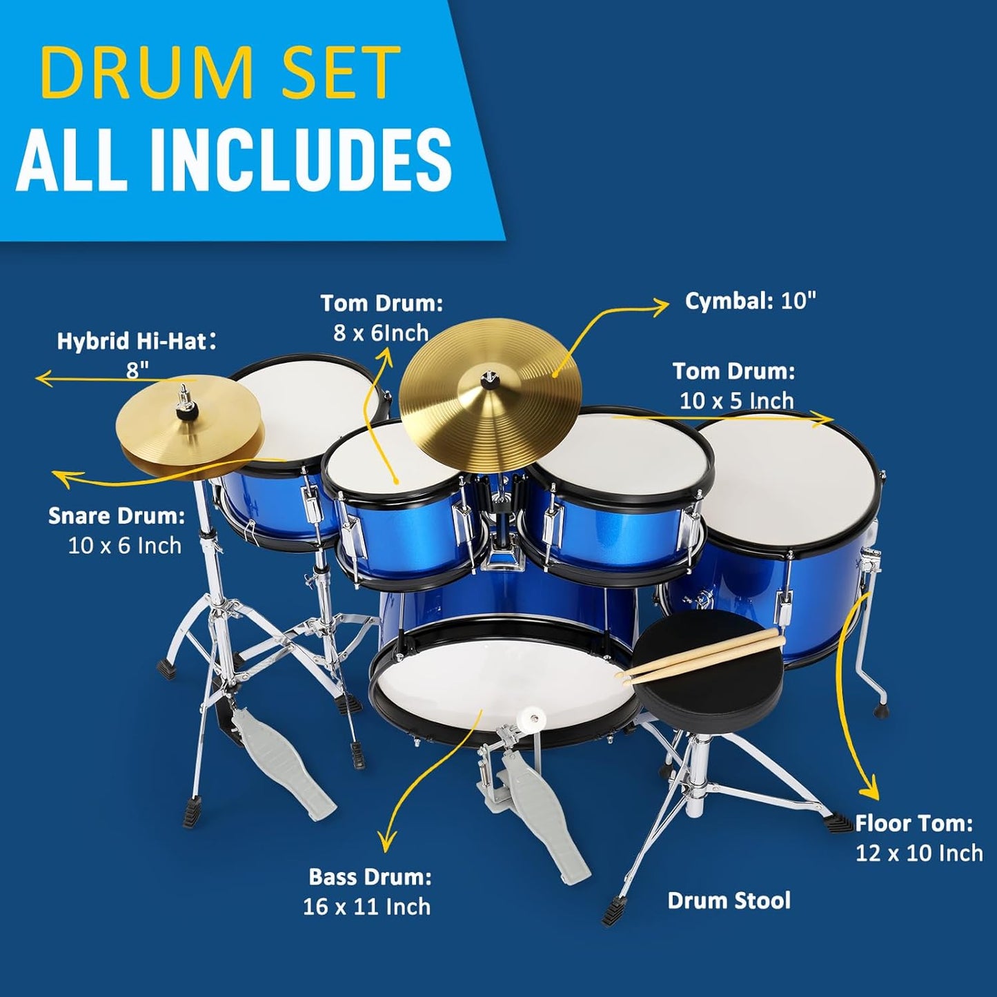 Ktaxon 5-Piece Complete Junior Drums Set, 16 Inch Beginners Drum Kit with Throne Stool, Pedal & Drumsticks, Kids Drums Musical Instruments W/Cymbal, Hi-Hat, Floor, Tom and Snare Drum (Dark Blue)