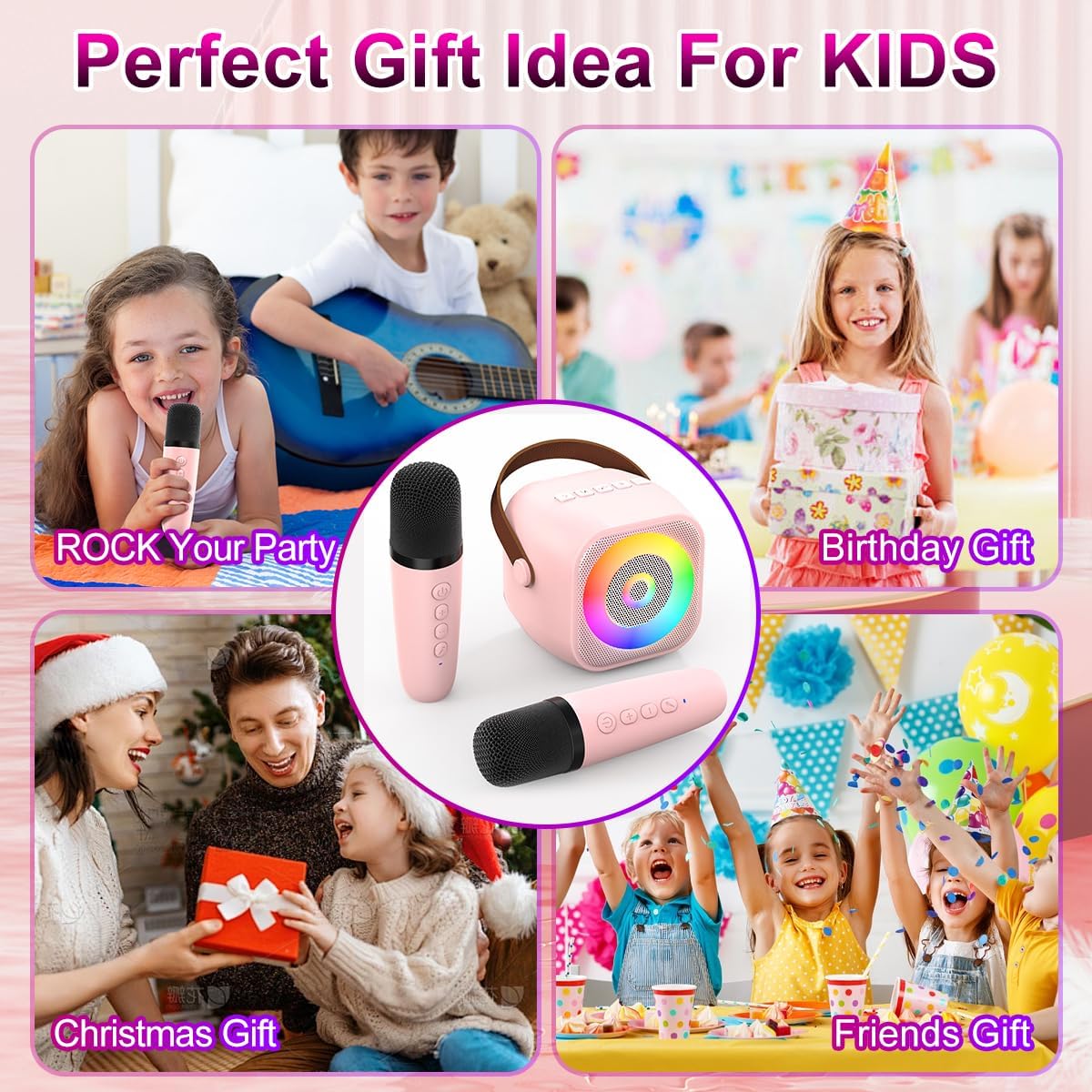 Mini Karaoke Machine, Portable Bluetooth Karaoke Speaker with 2 Wireless Microphone and Lights for Kids and Adults, Chritmas Birthday Gifts for Girls Boys 3-12+ Year Old (Pink)