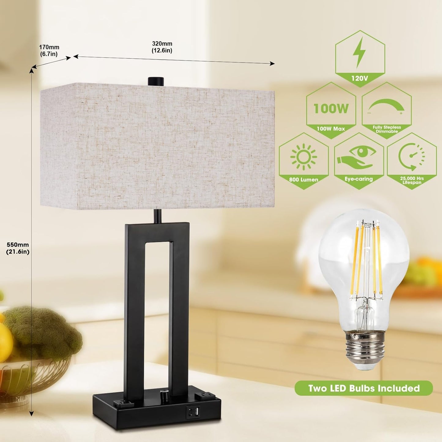 Modern Table Lamps Set of 2-22" Tall Bedside Lamps with USB-C/USB-A Charge Ports & Outlet, Stepless Dimmable Fabric Cream Shade Nightstand Lamps for Bedroom & Living Room