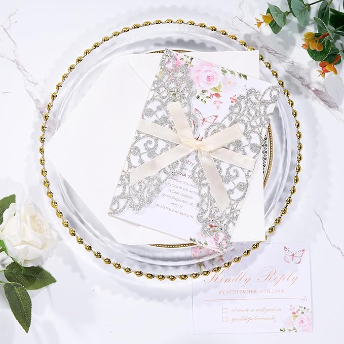 50Pcs Sliver Glitter Wedding Invitations with Envelopes and Rsvp Cards Ribbons Laser Cut Invitation Blank Inner Sheet Pearl Paper Tarjetas de Invitación Para Boda XV Anos Quinceañera Wedding Invite