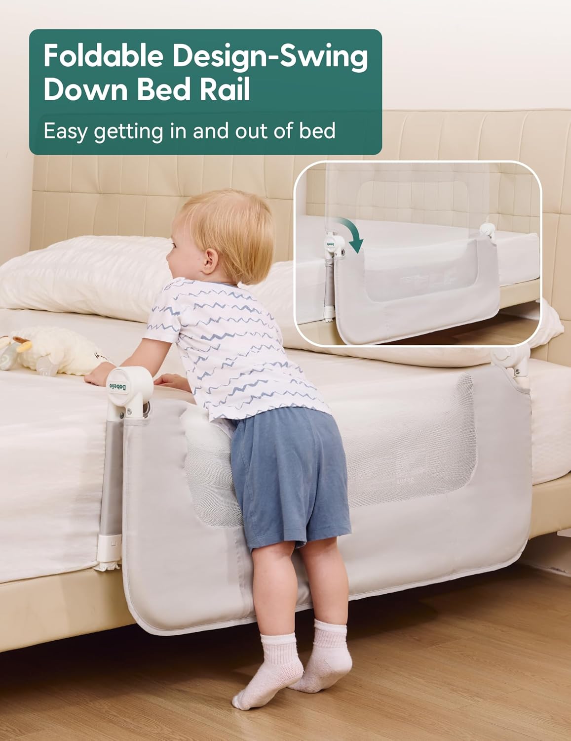 BABELIO Bed Rail for Toddlers, 43" Wide Swing Down & Adjustable Height Toddler Bed Rails for Kids/Elderly/Adults, Baby Side Railing for Twin/Full/Queen/King Size