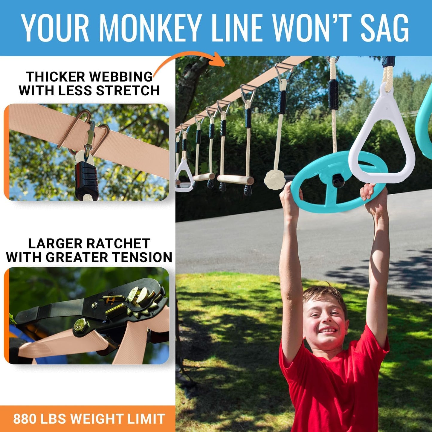 Ninja Warrior Obstacle Course for Kids – 2 x 50 ft Slacklines with 10 Weatherproof Obstacles – Monkey Net, Ratchet-Tight Technology, Supports Up to 880 lbs – Climbing & Swinging Equipment