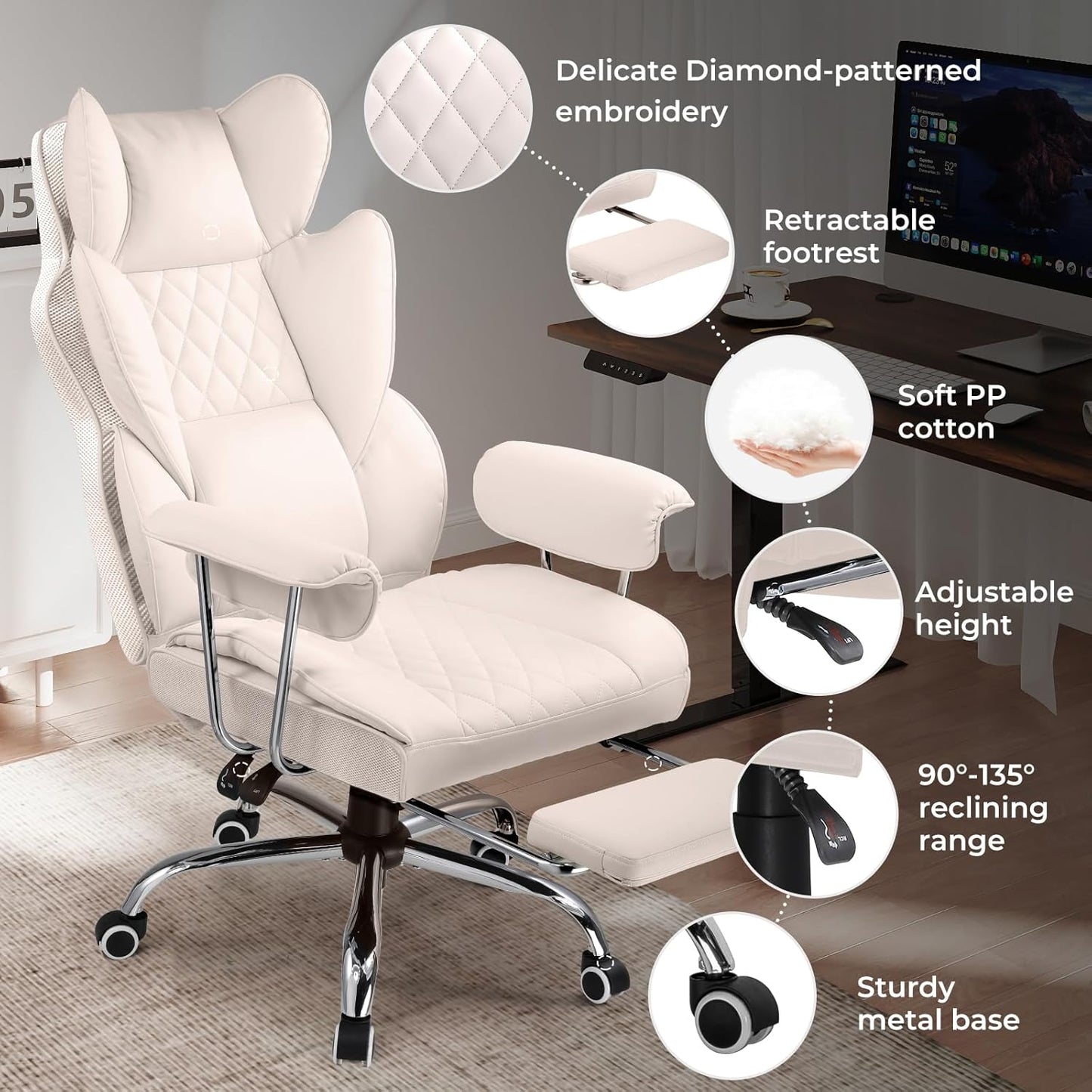 COMHOMA Big and Tall Office Chair, High Back Leather Gaming Chair with Footrest, Executive Ergonomic Office Chairs with Pocket Spring Lumbar Support and with Outward Fixed Soft Armrests