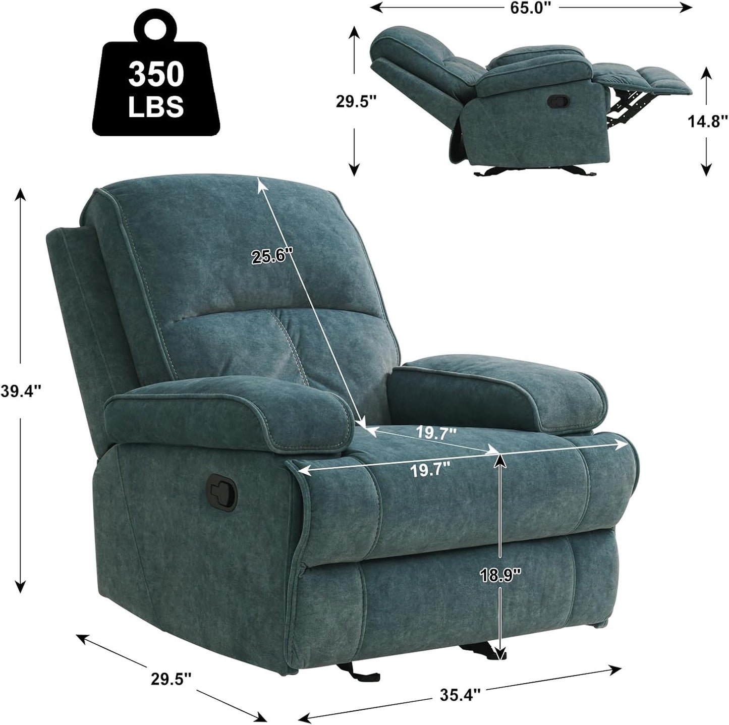 Rocker Recliner Chair for Adults, Manual Glider Chair for Nursery, Reclining Single Sofa Chair for Living Room, Upholstered Fabric Armchair, High Back, Deep Seat, Blue