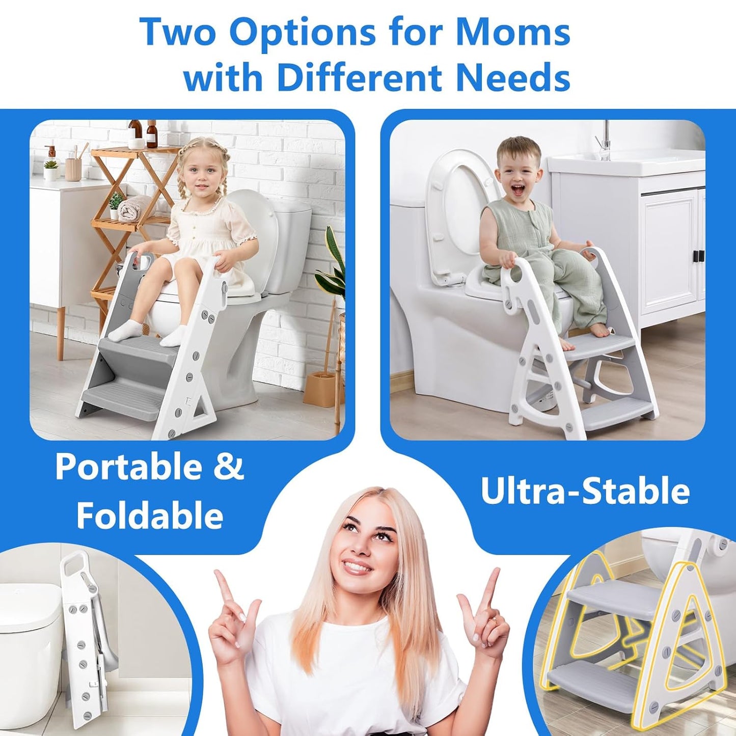 Easy Storage Potty Training Seat with Ladder, Adjustable Step and Toilet Seat Height, Easy-Grip Handles for Climbing, Foldable Portable Toddler Toilet Trainer, Perfect for Small Bathrooms