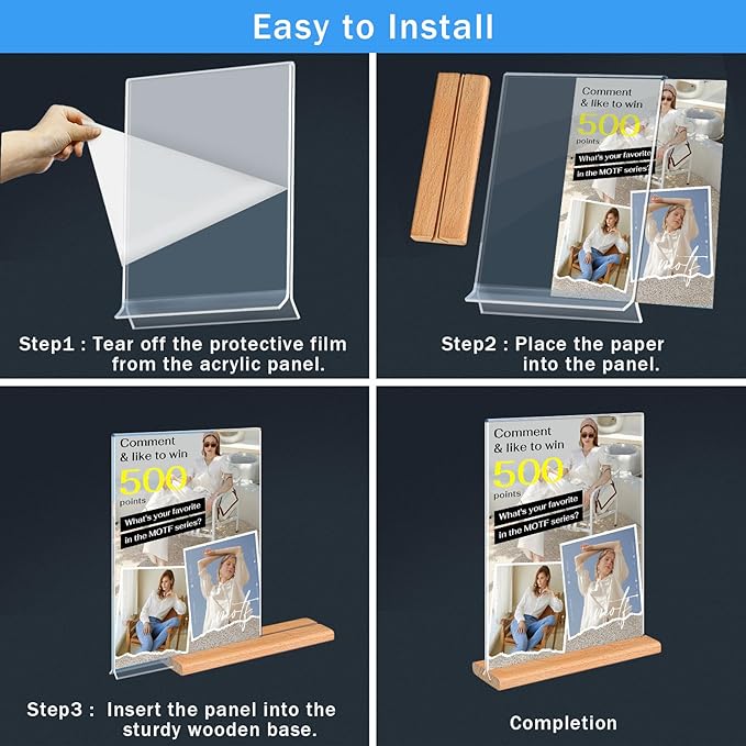 Kersally Acrylic Sign Holder 6 x 4, 6 Pack Double-Sided Clear Table Display Stands with Wood Base,Horizontal Acrylic Frame Menu Flyer Paper Holder for Store, Restaurant, Hotel, Office, Show Fair