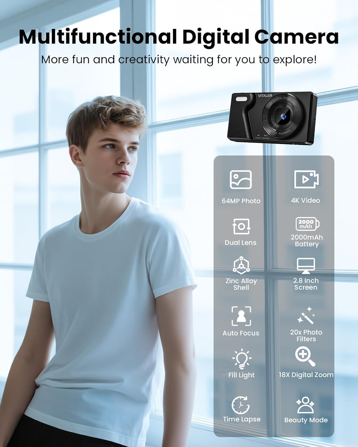 Digital Camera with Front Rear Lens, Autofocus 64MP 4K Camera for Photography with 32GB Card, Portable Compact Point and Shoot Camera for Teens Adult Beginner with Metal Shell, 2000mAh Battery