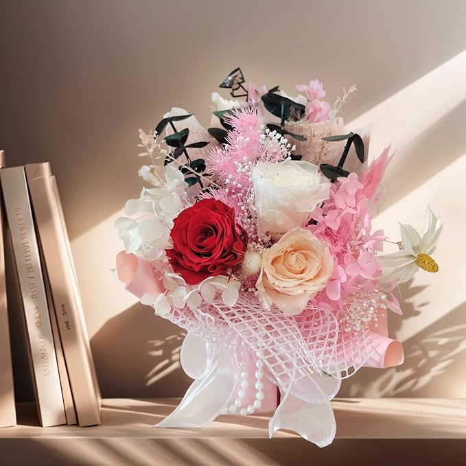 Preserved Flowers Bouquet Romantic Valentines Day Gift for Her LED Light 3 Preserved Real Rose for Delivery Christmas Mothers Day Birthday Gifts for Women Mother Wife Girlfriend (Pink)