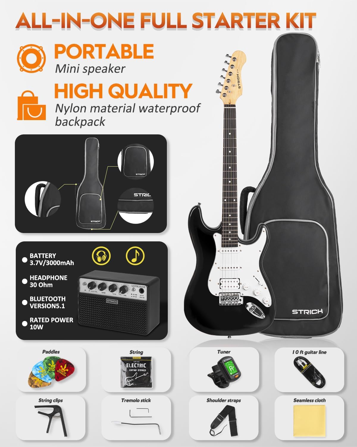 STRICH Electric Guitar Beginner Kit, Solid Body 39" Full Size Electric Guitar HSS Pick Up for Starter, with 10W Amp, Bag, Digital Tuner, Capo, Strap, String,Cable, Picks, SST-S20 Black