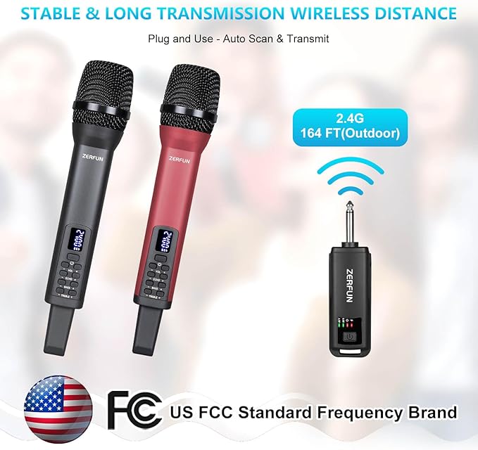 Rechargeable Wireless Microphones Dual, Pro Handheld Cordless Mics System Dynamic with Echo Treble BASS VOL Control for Karaoke Singing Church Party, 1/4'' Output, D240, Grey&Red