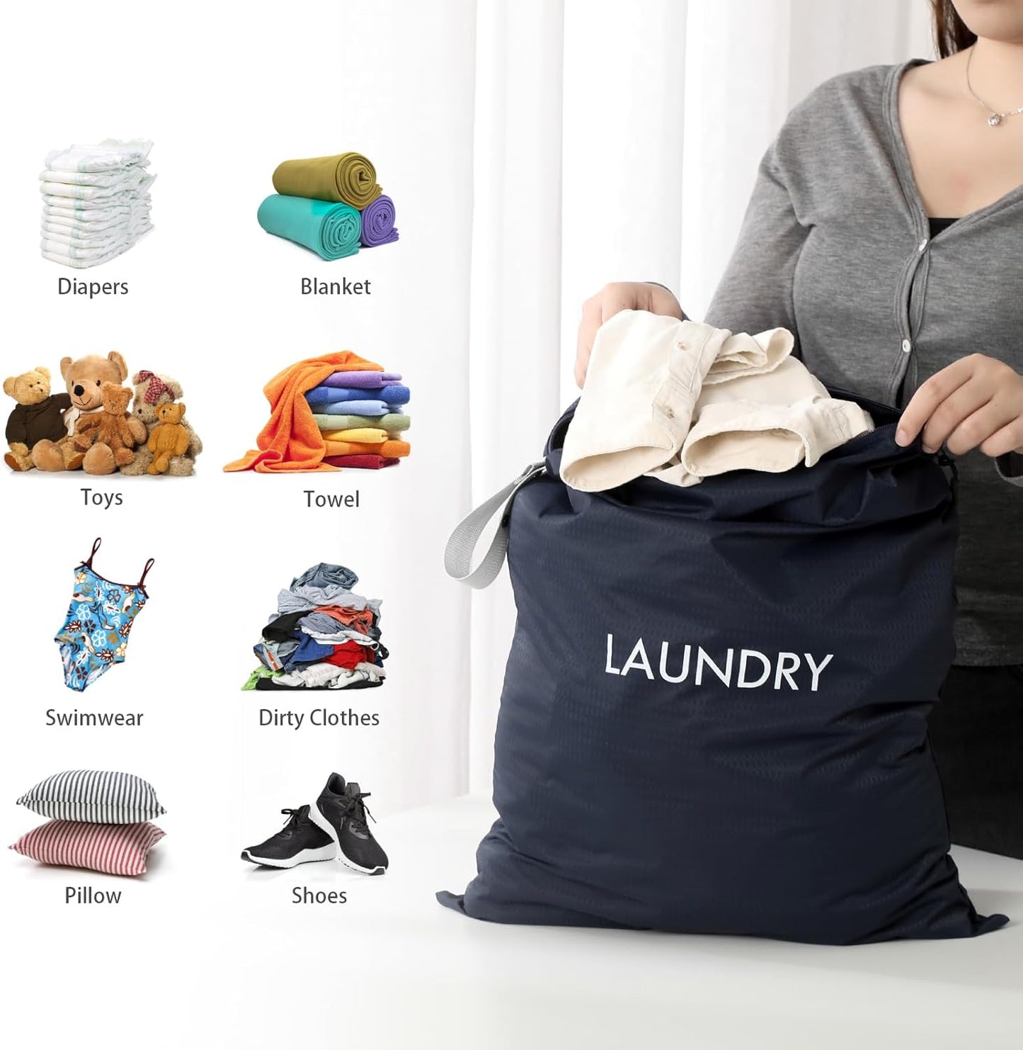 MissBoy 2 Pack Laundry Bags, Nylon Washable Wet Dry Bag, Travel Laundry Bags for Dirty Clothes, Dirty Clothes Organizer Bag for Home, College Dorm Laundromat