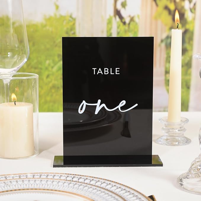 UNIQOOO Black Wedding Double Sided Table Numbers with Stands 1-20 set, 5x7'' Acrylic Signs with Holders and Printed Calligraphy, Seat Display Wedding Decor Perfect for Centerpiece, Reception