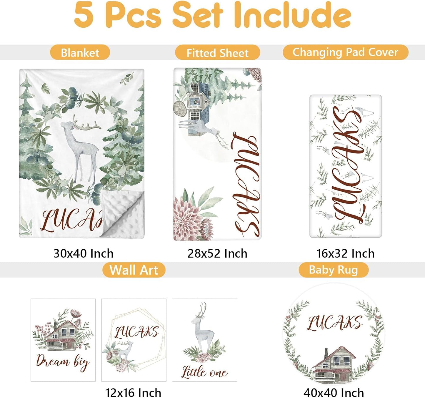 Personalized Baby Bedding Set - 5 Pcs Custom Toddlers Bedding Set with Infant Name - Soft Double Layer Nursery Crib Set for Girls Boys - Customized Infant Gifts for Baby Shower - Forest Deer