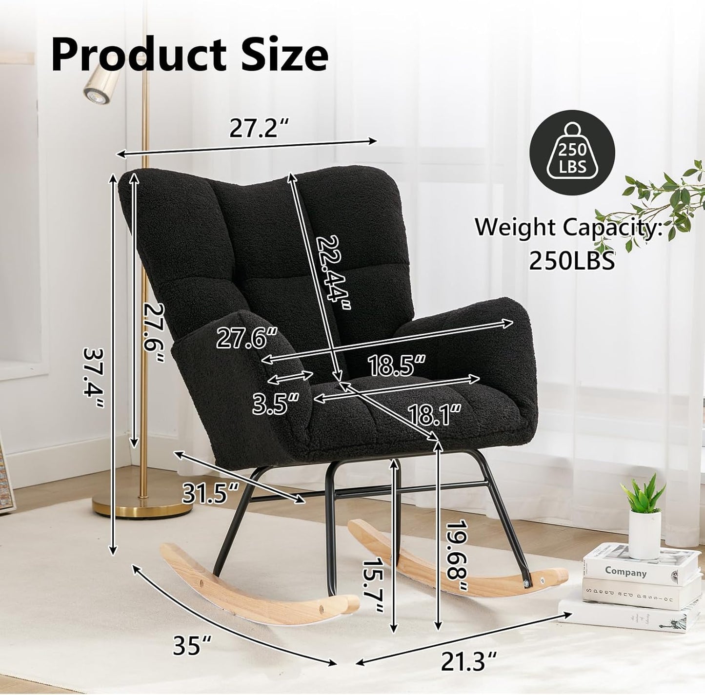 NIOIIKIT Nursery Rocking Chair Teddy Upholstered Glider Rocker Rocking Accent Chair Padded Seat with High Backrest Armchair Comfy Side Chair for Living Room Bedroom Offices (Black Teddy)