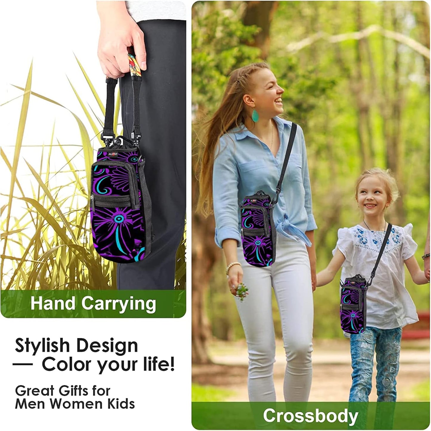 AUPET Water Bottle Sling Bag Sleeve Holder Carrier 25/32/40/64 oz,Insulated Crossbody Water Bottle Case Cover with Strap and Pockets for Men/Women Walking Hiking