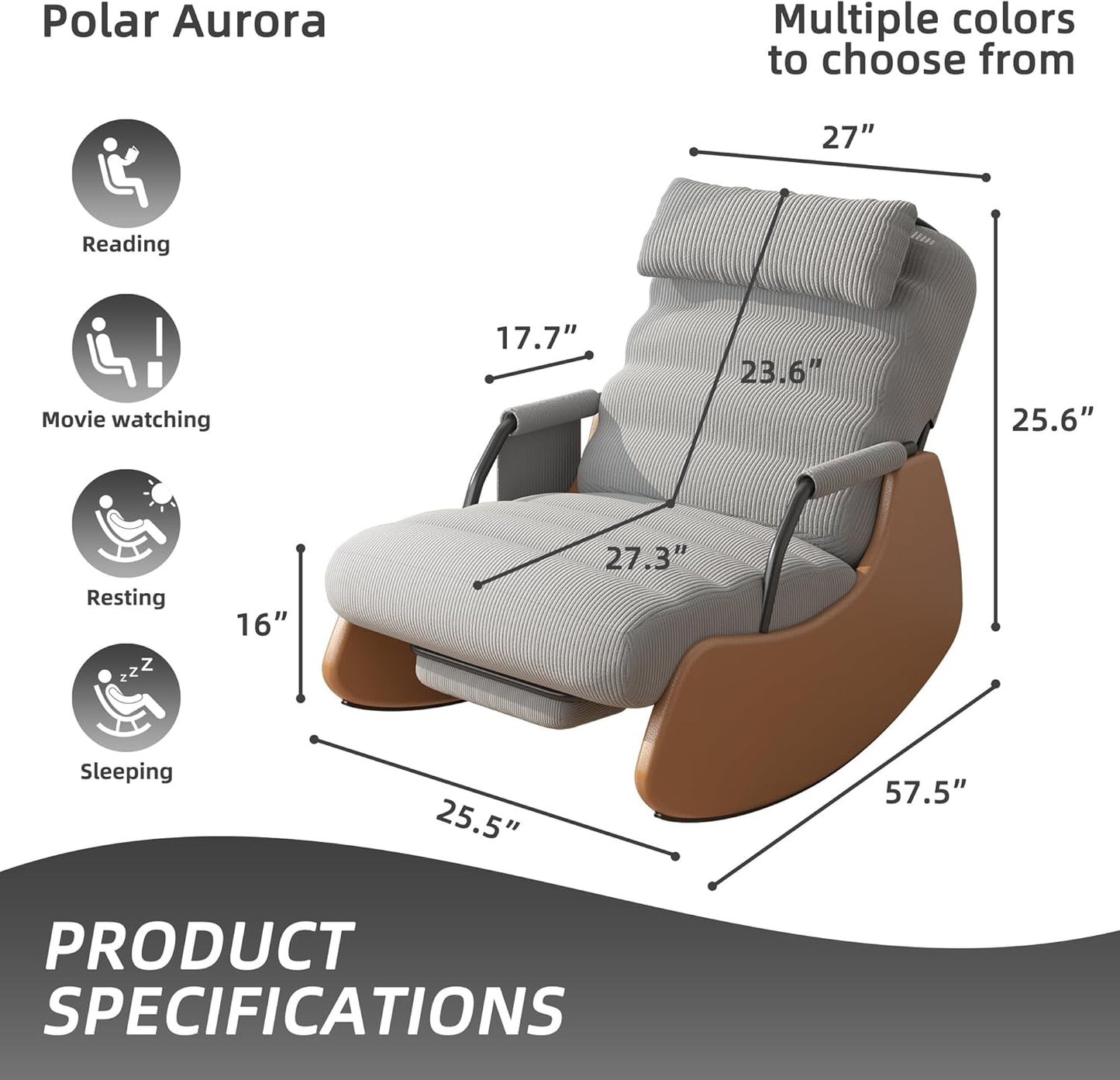Polar Aurora Nursery Rocking Chairs with Soft Seat and Headrest,Corduroy Fabric Accent Chair with Side Pocket,Glider Rocking Chair for Bedroom/Living Room/Nursery. (Dark Grey/Brown)